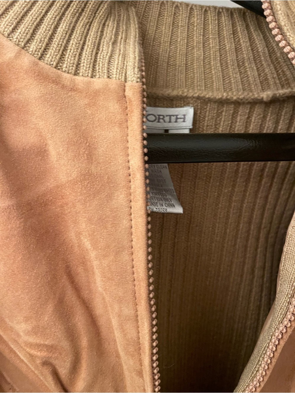 Worth Blush Tan Suede Zip Jacket and chunky cardigan beige